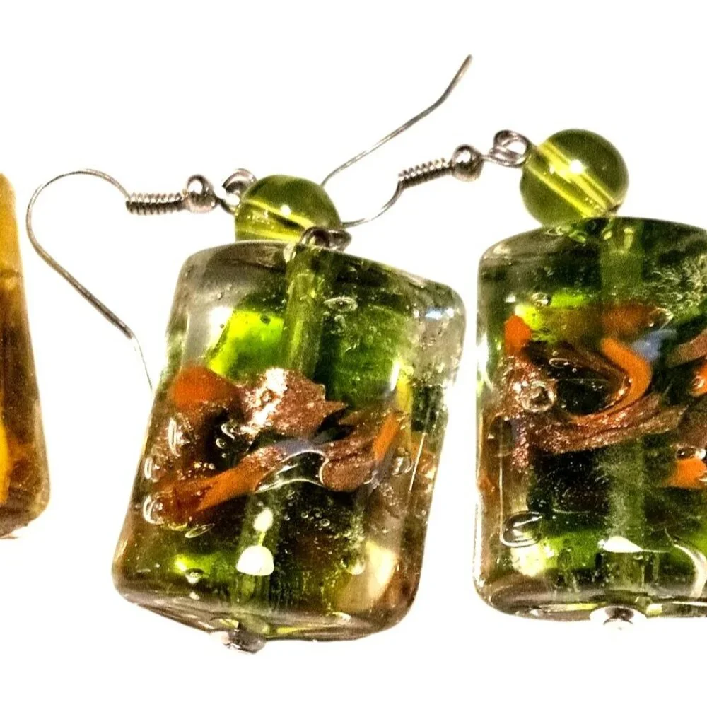 2 Vintage Earrings Hand Blown Art Glass Chunky Dangle With Hook Yellow‎ & Green
